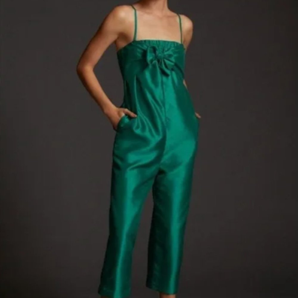Anthropologie X Hutch Green Satin Bow Tie Jumpsuit
